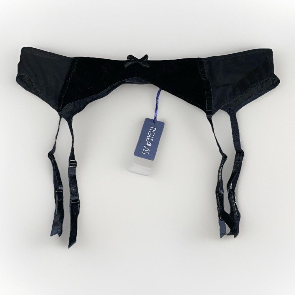 Figleaves Velvet Kiss Suspender Belt Black Size L NWT Garter Velvet Bow